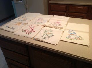 Vintage Embroidered Dish Towels Days Of The Week Chores Bonnet Girls