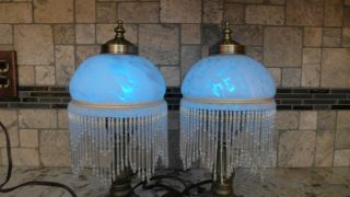 2 Vintage Beaded Glass Shade Table Lamp French Art Nouveau Style Base Boudoir