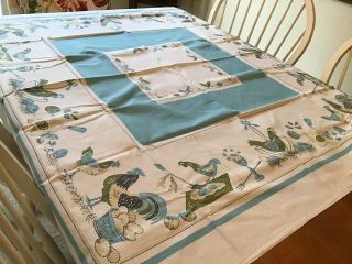 Vintage Cotton Rooster Chicken Tablecloth Turquoise Farm Folk Art - 1950 