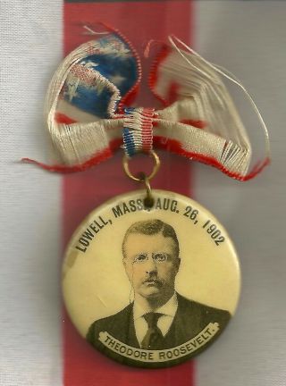 Teddy Roosevelt Political Campaign Pinback Button Lowell Massachusetts Ma Ribbon