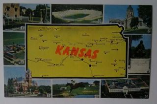 Vintage Kansas Map Postcard 8 Different Views Dodge City Fort Riley Topeka Ks