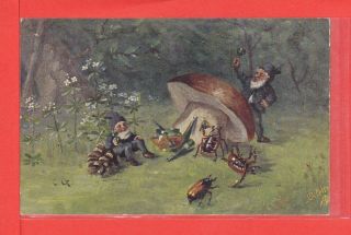 C.  Von Gobl,  Two Gnomes,  Dwarves Drunk Around A Mushroom Pub Raphael Tuck P/un