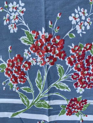 Vintage Linen Print Kitchen Tablecloth Red White & Blue Flowers Stripes 52x62