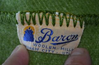 Vintage BARON WOOLEN MILLS Wool Blanket Green w Checker 82 x 70 Camping 5