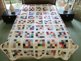 Thick Vintage All Cotton Hand Pieced & Quilted 16 - Patch Quilt,  93 " X 74 " ; Good