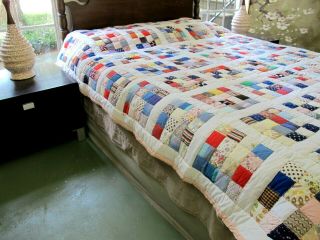 THICK Vintage All Cotton Hand Pieced & Quilted 16 - Patch Quilt,  93 