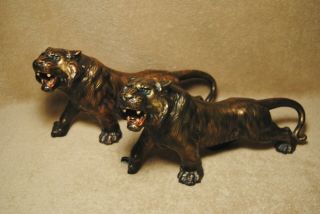 2 Vintage Matching Brass Or Bronze Tiger Sculptures Statues