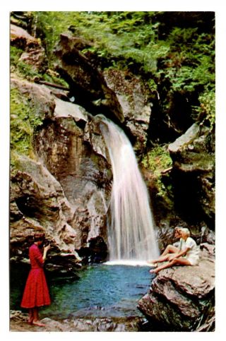 Bingham Falls Stowe Vermont Postcard On Route 108 Waterfall Woman Taking Photo