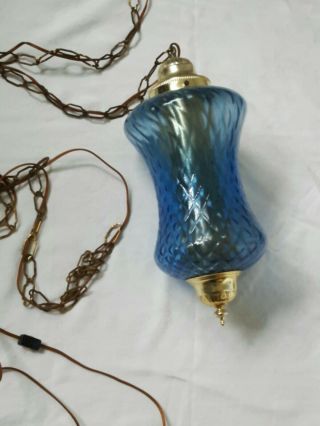 Vintage Midcentury Swag Lamp Blue Glass Retro Hanging Lamp Brass