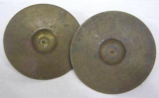 Vintage Pair Brass Cymbals W Wood Handles 6 3/4 " Diameter 1930s