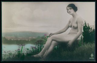 French Nude Woman Nudist On Thye Wild 1910s Tinted Color Photo Postcard