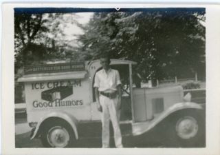 Good Humor Ice Cream Truck And Driver - Vintage B/w Photo Snapshot