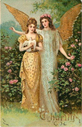 C1907 Embossed Religious Art Postcard Virtue Charity Angel & Lady White Dove 826
