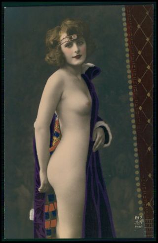 French Nude Woman Unveiled Art Deco Pochoir Old 1920 Tinted Color Photo Postcard