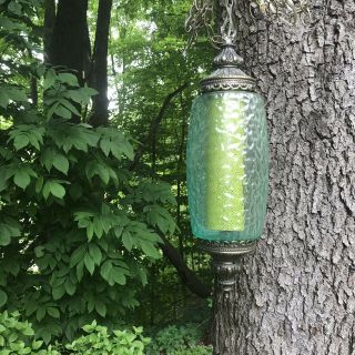 Vintage Green Glass Hanging Mcm Pendant Cylinder Swag Lamp W/ Diffuser