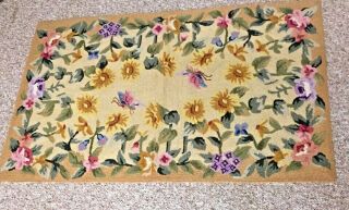 Vintage Hooked Wool Area Rug Flowers & Butterflies Multi - Colors 30 In X 48 In