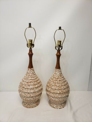 Vintage Mid Century Modern Danish Teak Ceramic Atomic Lamp Pair