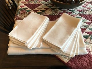 Vintage Damask Linen Table Cloth,  White,  124 " X 72 " And 12 Napkins