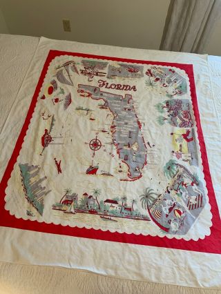 Vintage Florida State Map Souvenir Tablecloth Red Pre Disney Cloth.