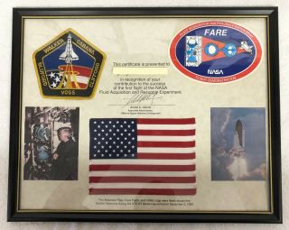 Nasa Space Shuttle Discovery Sts - 53 Flag,  Crew Patch And Fare Certificate Framed