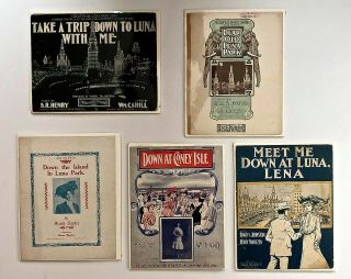 Antique - 5 Historic Coney Island Luna Park Sheet Music Incl; Rare 1908 Version