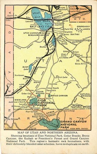 1922 Postcard; Union Pacific Rr Map Of Utah & Northern Arizona Shows Nat 