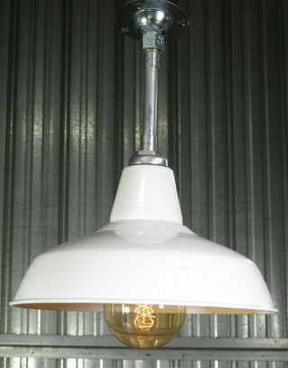 Vtg 50s 14 " White Porcelain Barn Light Industrial Gas Station Lamp Fixture - A 
