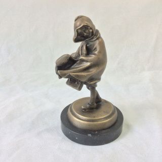 Metal Sculpture Figurine Signed School Girl In The Blowing Wind Marble Base