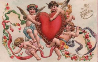 Ornate & Elegant Pfb Cherub Angels Deliver Fancy Gold Embel.  Emb Valentine Heart