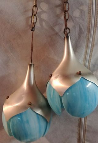 2 Vintage Mid Century Modern Tulip Glass Spun Aluminun Hanging Slag Lights Lamp