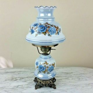 Hurricane Lamp Blue Floral Gwtw 21 " 3 Way Vintage Iridescent Outstanding