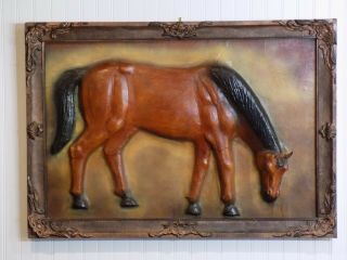 Unique Vintage Framed Hand Painted 3 - D Leather Horse Equestrian Hanging Wall Art