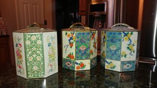 3 Vintage Octagon Floral Cans England Belgium Biscuit Toffee Tins 5.  5 " T X 4.  5 " W