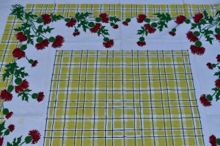 Vintage 50 ' s TABLECLOTH Cotton Floral Red Thistles Green 49 