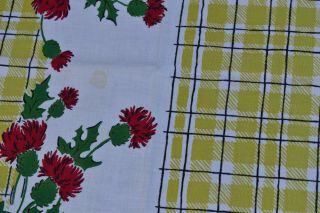 Vintage 50 ' s TABLECLOTH Cotton Floral Red Thistles Green 49 