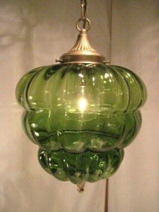 Large Vintage Green Optic Glass Swag Lamp With Gold Chain -