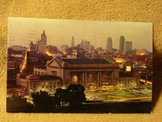Vintage Postcard Union Station And Skyline At Night,  Kansas City,  Missouri