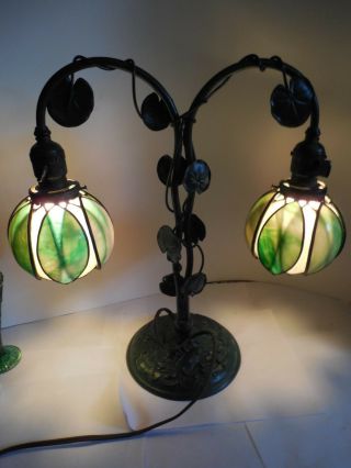 Signed Bradley & Hubbard Table Lamp With Stained Glass,  Unsigned Handel Shades