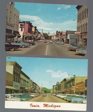 2 Ionia Michigan Postcards; Downtown Circa Late 1950 