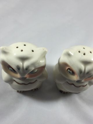 Vintage Winking Ceramic Owl Salt and Pepper Shakers Rare (white & brown) 2