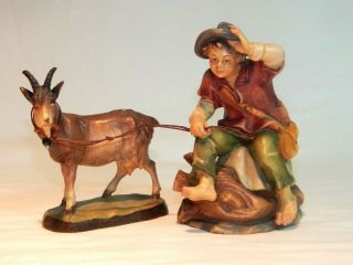 E Kostner 6 " Nativity Set Boy Sitting With Goat Carved Wood