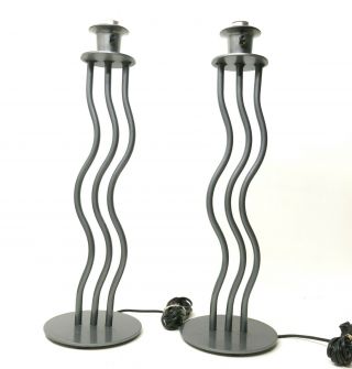 Vintage Post Modern Contemporary Memphis Style Wave Squiggle Table Lamp Pair