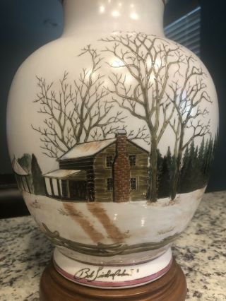 Vintage Bob Timberlake Signed Ceramic Table Lamp Wood Base,  White farm House. 2
