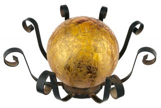 Vtg Outdoor Light Fixture Iron Curly Arm Octopus Cage Amber Crackle Glass Globe
