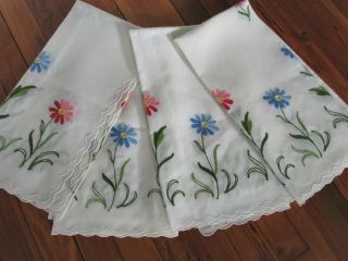 Vintage Curtains 4 Panels Semi Sheer White Embroidered Pink Blue Flowers 35x35l