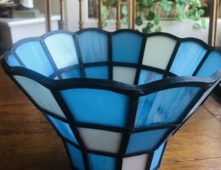 Vintage Lead Stained Glass Lamp Shade Ocean Blue Lighthouse Look Scallop Edge