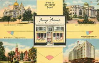 Linen Postcard; Multi - View Des Moines Ia Fanny Farmer Candy & Govt.  Bldgs.