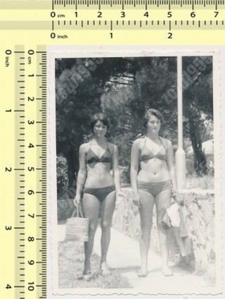 Two Pretty Bikini Women,  Swimwear Ladies On Beach Portrait Old Photo