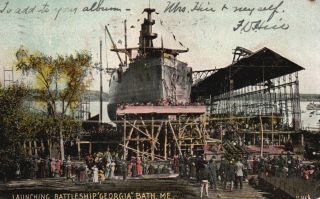 Bath,  Maine,  Me,  Launching Battleship " Georgia ",  1906 Vintage Postcard F7650