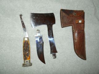 Case XX Bone Stag Hunting Knife and Hatchet Combo Ruler w/ Sheath RARE 3